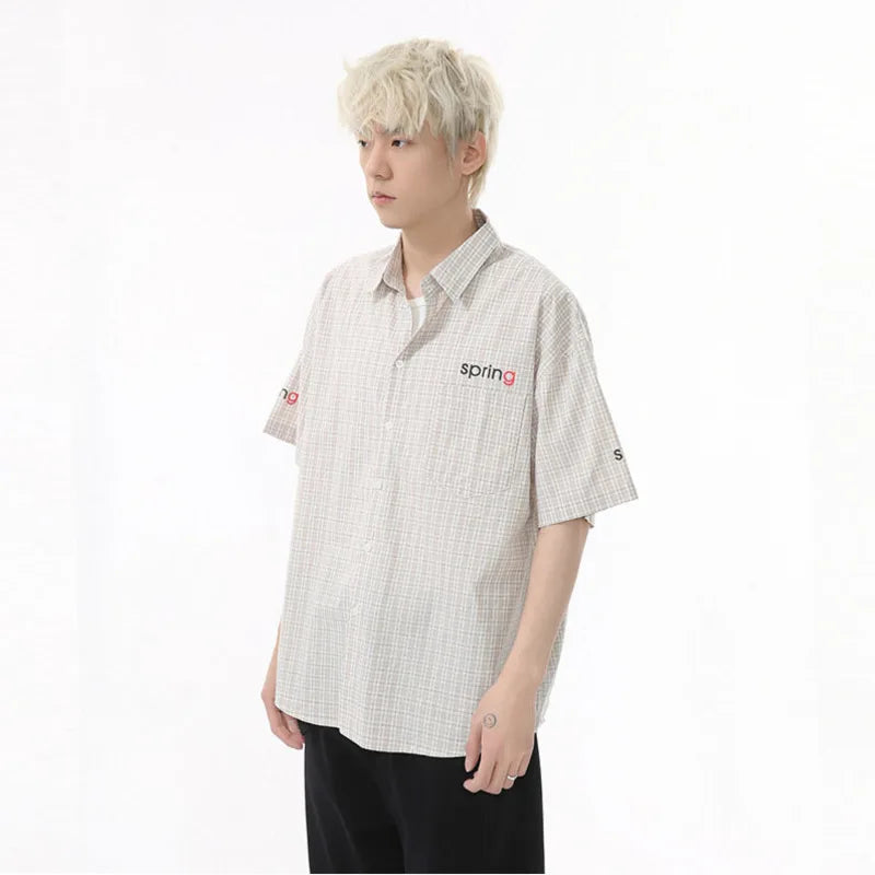 Men's Short Sleeve Shirts Plaid Collar Design New Summer Shirt Letter Printed Trendy Casual Loose Male Clothing 9W1593