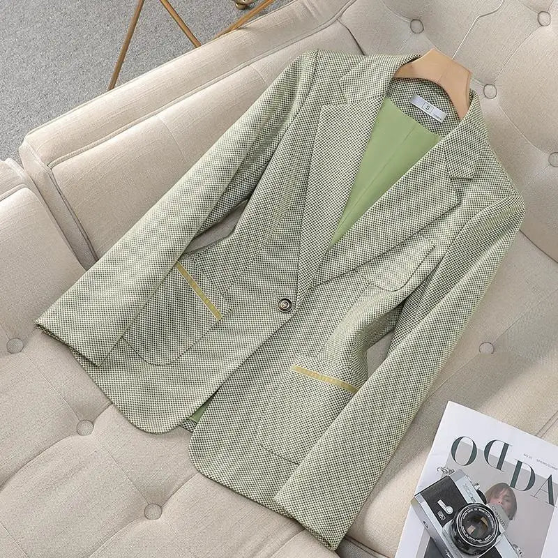 Women Thousand Plaid Office Lady Professional Blazer Coat Autumn Winter Long Sleeve Single Button Cardigan Jacket Fashion Tops