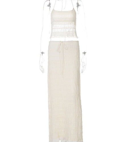 Elegant 2 Pcs Sets Halter Backless Lace Up Sexy Crop Camis Top Maxi Skirt Summer Women Y2K Outfits Beach Vacation Party