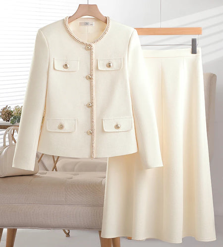 Women Autumn Winter Suit 2024 New French Elegant Goddess Fashion Button Blazer Coat And High Waist Long Skirt Two Piece Set Chic