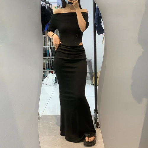 Load image into Gallery viewer, Irregular Hollow Out Dress For Women Slash Neck Short Sleeve High Waist Solid Slim Long Dresses Female Clothing New
