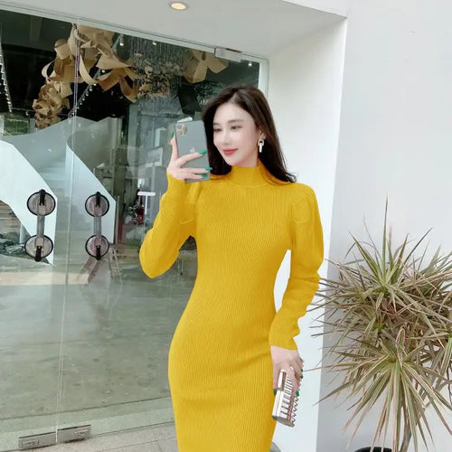 Load image into Gallery viewer, Korean Version Autumn 2024 New Women's Half High Neck Knitted Dress Elegant Festival Slim Long Sleeve Dress Simplicity Clothing
