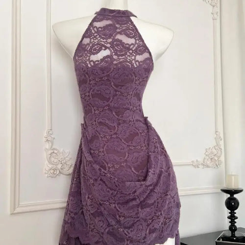 Load image into Gallery viewer, Vintage Chinese Style 2024 Women Fashion Purple Lace Sexy Sleeveless Button Dress Summer Elegant Off Shoulder Slim Short Dresses
