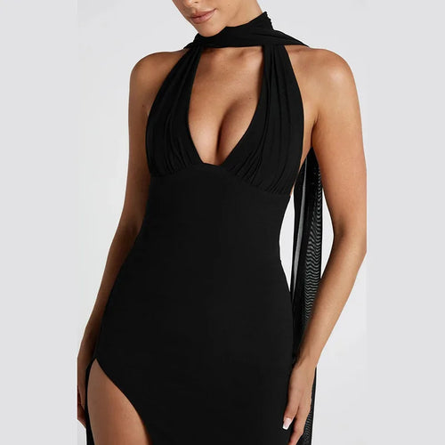 Load image into Gallery viewer, Scarf Collar Backless Sexy Maxi Dress Women Gown Fashion Halter Deep V Neck Thigh High Split Bodycon Long Dress
