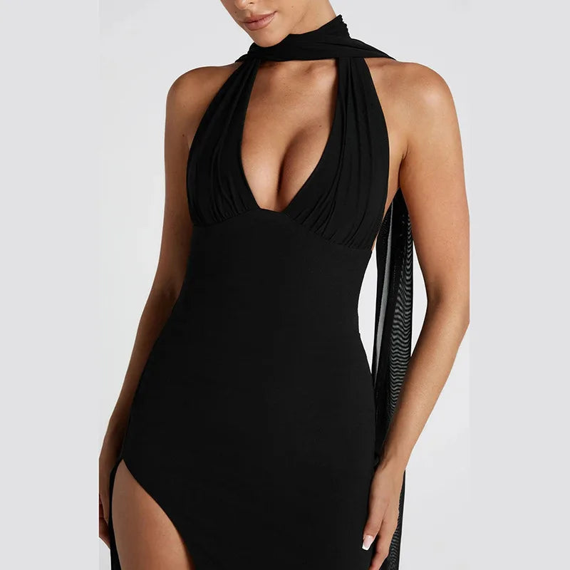 Scarf Collar Backless Sexy Maxi Dress Women Gown Fashion Halter Deep V Neck Thigh High Split Bodycon Long Dress