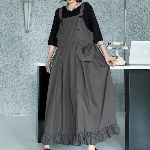 Load image into Gallery viewer, Women Black Ruffles Pocket Big Size Midi Strap Dress New Square Collar Sleeveless Fashion Tide Spring Autumn 2025 1DJ1158
