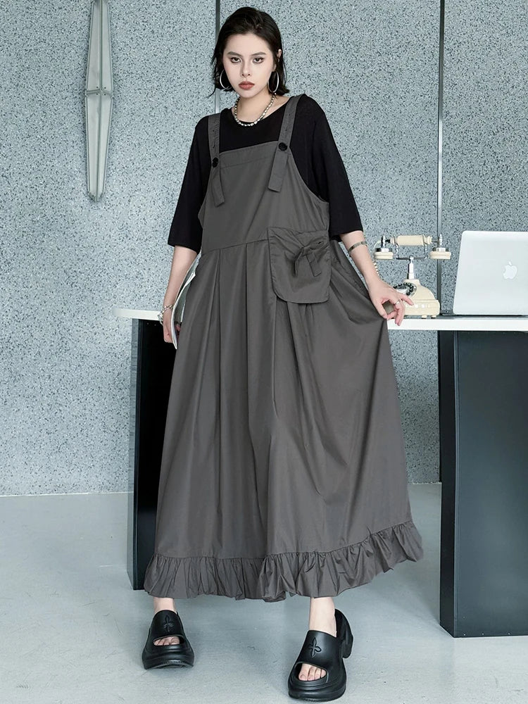 Women Black Ruffles Pocket Big Size Midi Strap Dress New Square Collar Sleeveless Fashion Tide Spring Autumn 2025 1DJ1158