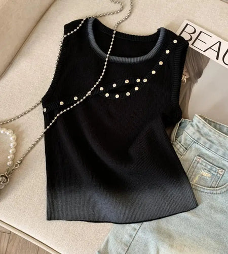 Korean Black Yellow Patchwork Hollow Out Slim Short Knitted Vest Summer Women Round Neck Sleeveless Holiday Pullover Tops 2025