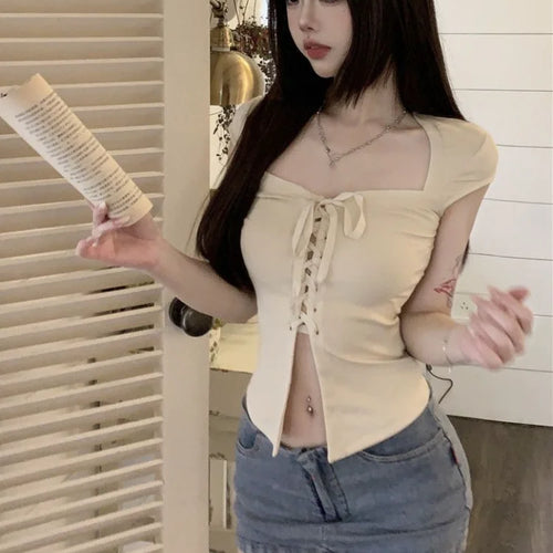 Load image into Gallery viewer, Bandage Short Sleeve Slim T-shirts Y2k Aesthetic Basic Sexy Split Cropped Top Women Fashion Streetwear Fairy Solid Harajuku Tees
