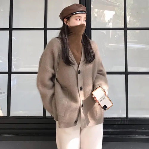 Load image into Gallery viewer, Korean 2024 New Women Solid V Neck Single Breasted Holiday Sweater Autumn Winter Long Sleeved Cardigan Knitted Short Top Popular
