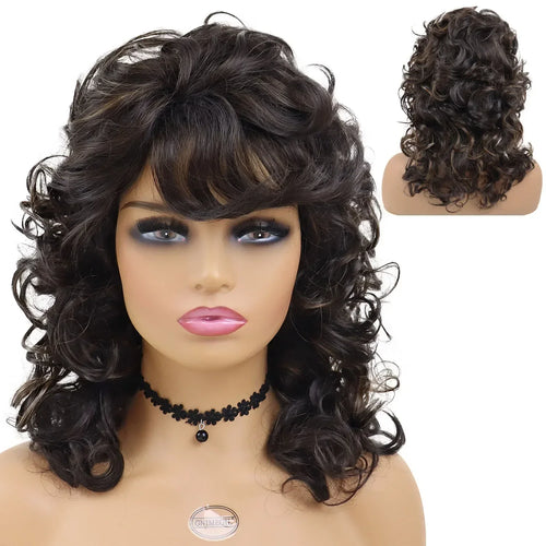 Load image into Gallery viewer, Vintage Synthetic Long Curly Wigs with Bangs Brown Black Women Wig Highlights African American Curls Wave Natural Wigs for Woman
