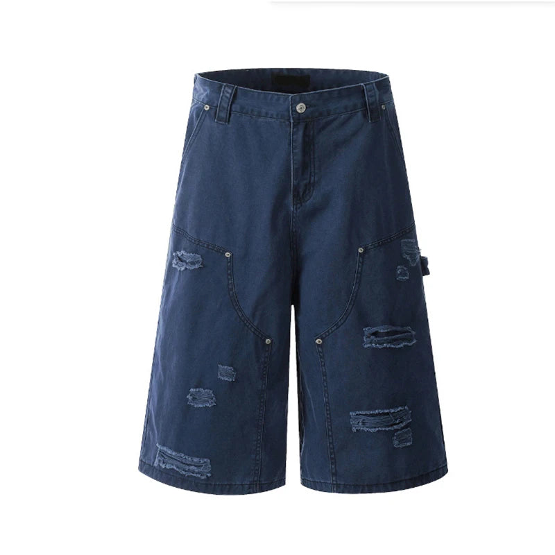 Men's Cargo Shorts New American Hip Hop Style Worn-out Hole Design Large Silhouette Multi Pockets Trendy Male Pants 9W1768