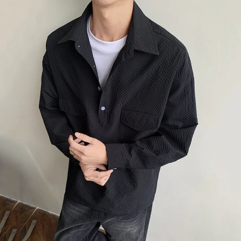 Men's Fashion T-shirt New Spring Turn-down Collar Handsome Single Breasted Solid Color Casual Male T-shirts 2025 9W1399