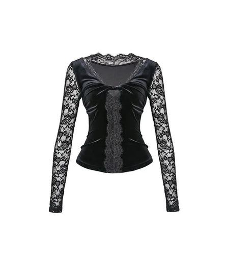 Sexy Woman T Shirts Deep V-neck Slim Fit Tees 2024 Women Clothing Patchwork Lace Temperament Camisetas Fashion Korean T-shirt