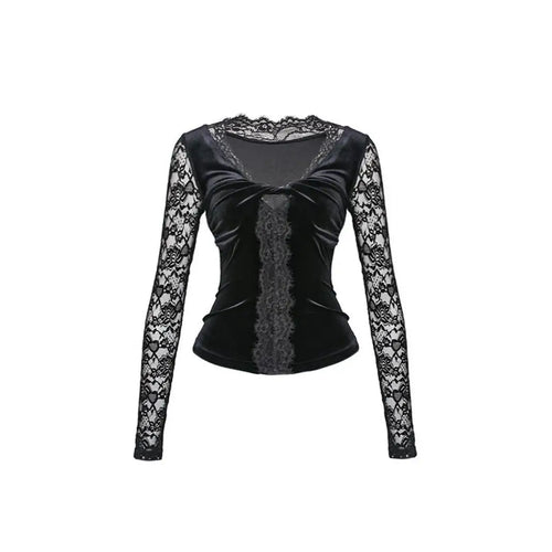 Load image into Gallery viewer, Sexy Woman T Shirts Deep V-neck Slim Fit Tees 2024 Women Clothing Patchwork Lace Temperament Camisetas Fashion Korean T-shirt
