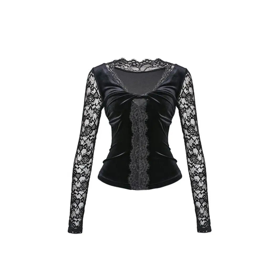 Sexy Woman T Shirts Deep V-neck Slim Fit Tees 2024 Women Clothing Patchwork Lace Temperament Camisetas Fashion Korean T-shirt