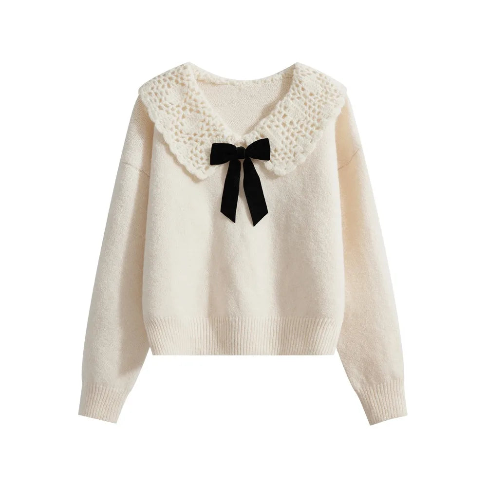 Autumn Winter New Grey Patchwork Long Sleeved Bow Knitted Sweater Vintage Woman Beige Elegant Loose Festival Pullover Slim Tops