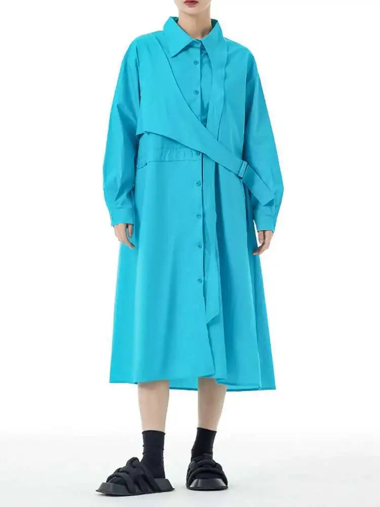 Women Purple Belted Big Size Irregular Midi Shirt Dress New Lapel Long Sleeve Fashion Tide Spring Autumn 2025 1DH5164