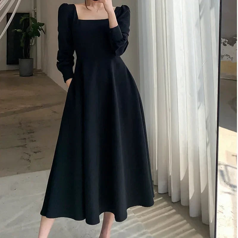 Vintage Black Long Sleeve Midi Dress Women French Square Collar Elegant Party Dresses Autumn 2021 Chic Trendy Kpop Clothes