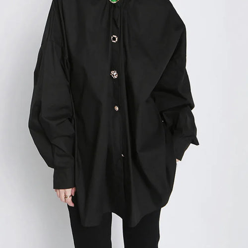 Load image into Gallery viewer, Women Big Size Button Decoration Blouse New Stand Collar Long Sleeve Loose Fit Shirt Fashion Spring Autumn 2025 1DD3478
