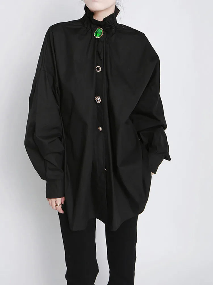 Women Big Size Button Decoration Blouse New Stand Collar Long Sleeve Loose Fit Shirt Fashion Spring Autumn 2025 1DD3478