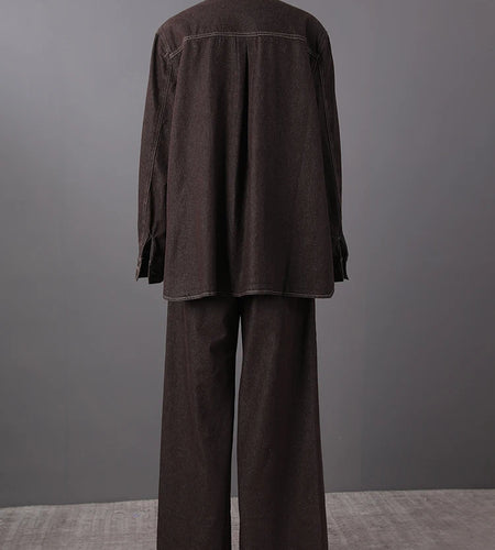 Big Size Denim Shirt Wide Leg Pants Two Piece Suit New Lapel Long Sleeve Women Fashion Tide Spring Autumn 2025 CPG2885