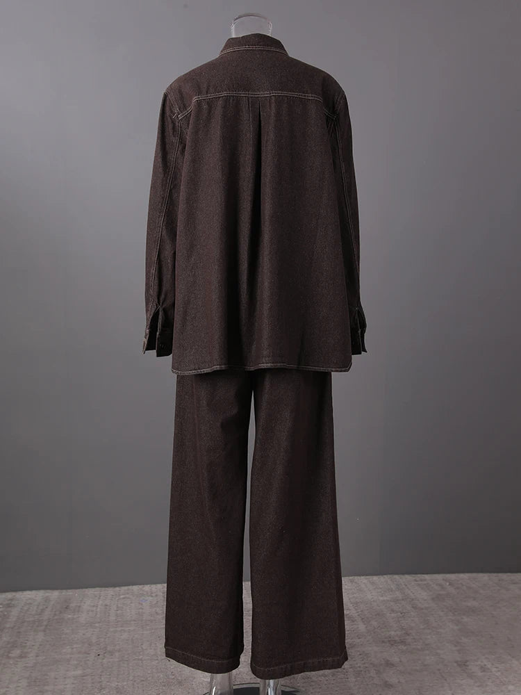Big Size Denim Shirt Wide Leg Pants Two Piece Suit New Lapel Long Sleeve Women Fashion Tide Spring Autumn 2025 CPG2885