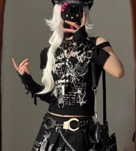 Harajuku Woman T Shirts Y2k Tops Women's Clothing Short Sleeve Off Shoulder Skull Print Tees Casual Fashion Punk Summer Tshirt