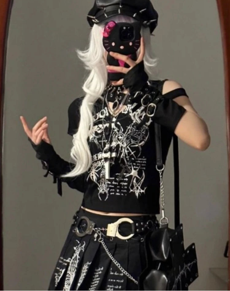 Harajuku Woman T Shirts Y2k Tops Women's Clothing Short Sleeve Off Shoulder Skull Print Tees Casual Fashion Punk Summer Tshirt