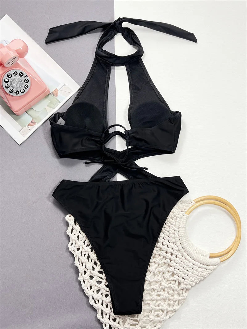 Black Halter One Piece Swimsuit 2024 Backless Swimwear for Women Sexy Hollow Out Bathing Suit Cross Bandage Monokini