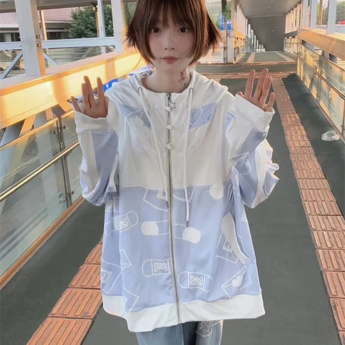 Load image into Gallery viewer, Streetwear Vintage Contrast Coats Women Loose Y2k Aesthetic Cartoon Print Jackets Casual Oversized Harajuku Kawaii Hoodies Top
