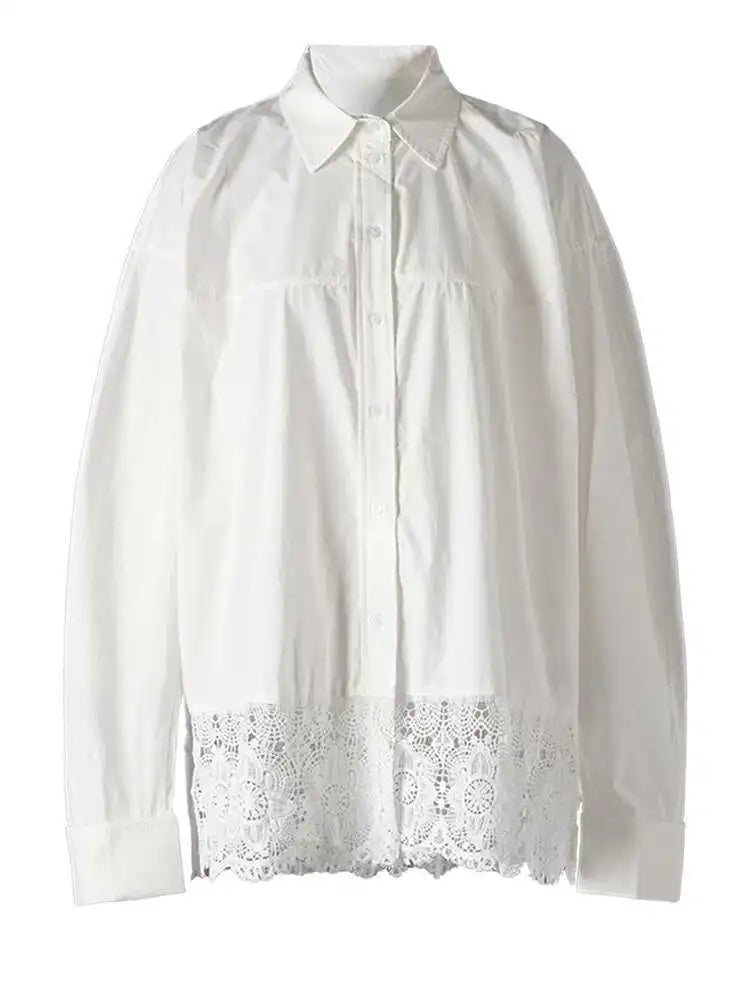 Women White Lace Hollow Out Big Size Elegant Blouse New Lapel Long Sleeve Shirt Fashion Tide Spring Autumn 2025 CPG2578