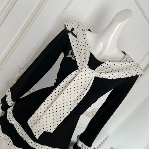 Load image into Gallery viewer, Vintage Women Autumn Sweet Black Dot Patchwork Long Sleeved Short Dress French Elegant College Style Ruffles Fashion Mini Dress
