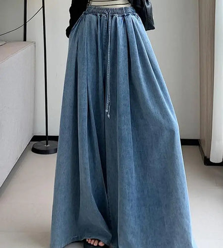 2025 Women Blue Drawstring Lace-up Loose Pleated Denim Pants High Waist Casual Wide Legs Jeans Spring Summer Oversized Trousers