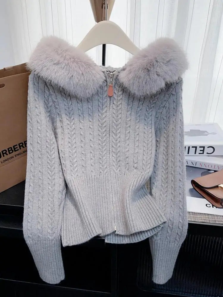 Retro Fashion Women Solid Long Sleeve Knitted Twists Sweater 2024 New Autumn Winter Ladies Hooded Hairy Neck Zipper Cardigan Top