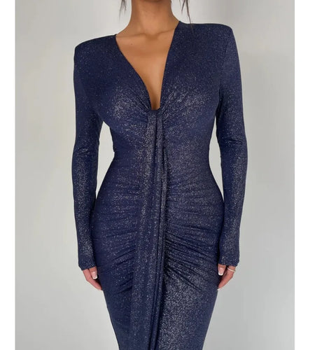 Elegant Long Sleeved Lace Up Pleated Evening Dress For Women Vneck Bodycon Elastic Maxi Dress Female Party Club Vestidos