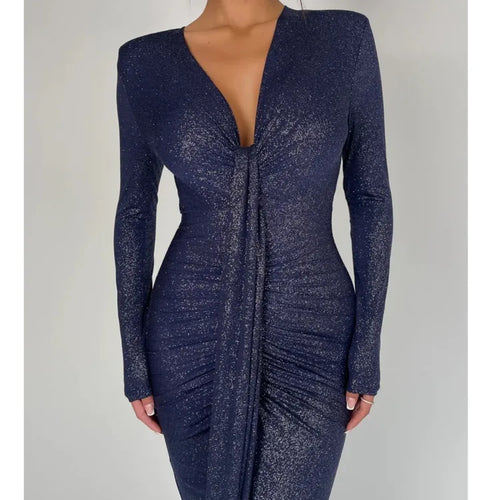 Load image into Gallery viewer, Elegant Long Sleeved Lace Up Pleated Evening Dress For Women Vneck Bodycon Elastic Maxi Dress Female Party Club Vestidos
