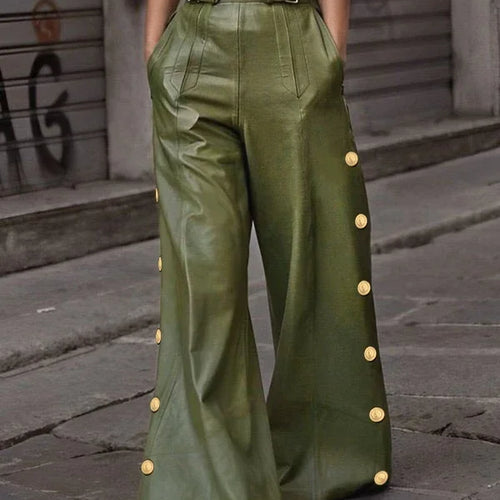 Load image into Gallery viewer, Fall Spring Women&#39;s Black Faux Pu Wide Leg Pants Pleated Button Streetwear High Waisted Floor-length Trousers for Woman
