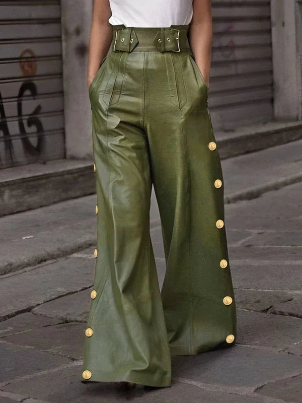 Spring High Waisted Faux Pu Pants for Women Red Pleated Gold Button Streetwear Feamale Flared Wide-leg Trousers