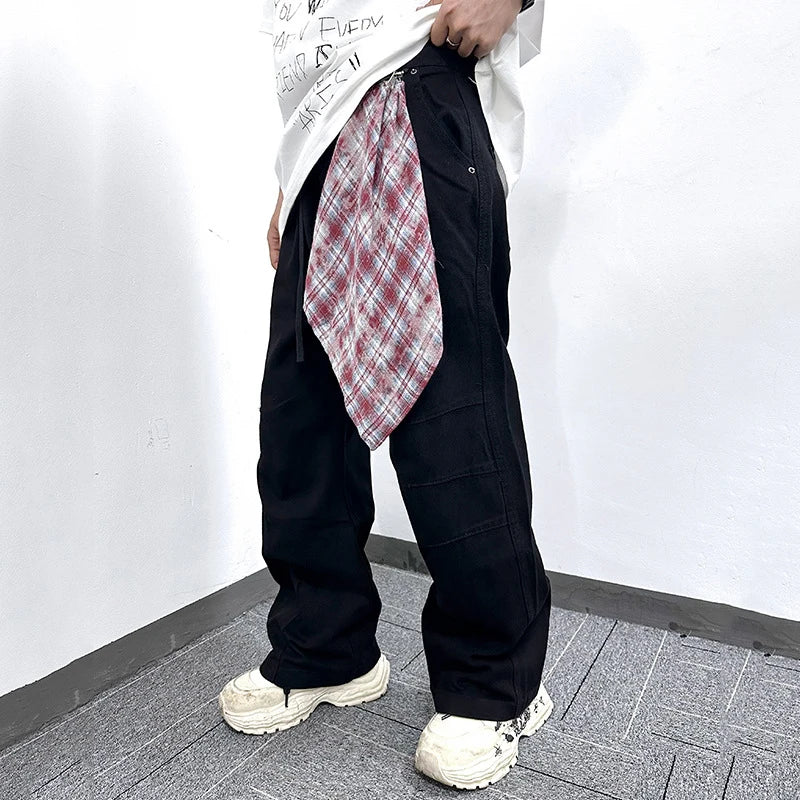 Men's Jeans Splicing Detachable Square Scarf Decoration Straight Wide Leg Trendy Loose Male Personaility Trousers 9W1868