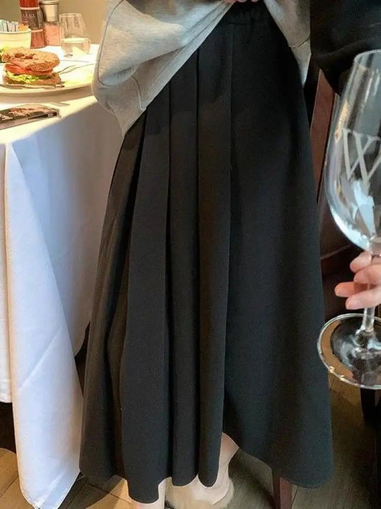 French Vintage Elegant Black Festival Woolen Long Skirt Women Autumn Winter Grey High Waist Ladies Pleated A-line Half Skirt New