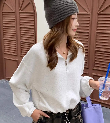 Korean Fashion Women's Black Half Zipper Lapel Cotton T Shirt Trend Autumn Grey Long Sleeves Vacation Loose Short Tops Clothing