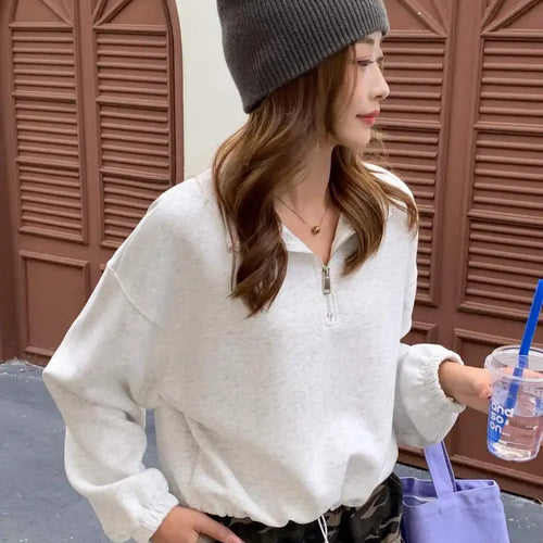 Load image into Gallery viewer, Korean Fashion Women's Black Half Zipper Lapel Cotton T Shirt Trend Autumn Grey Long Sleeves Vacation Loose Short Tops Clothing
