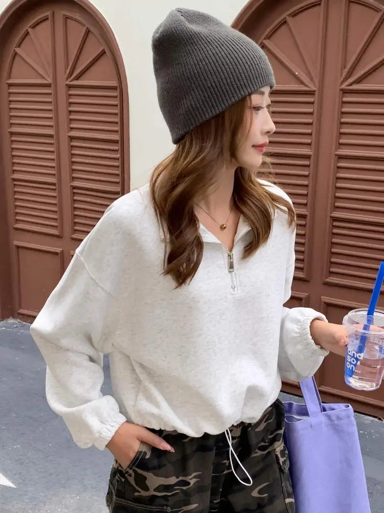 Korean Fashion Women's Black Half Zipper Lapel Cotton T Shirt Trend Autumn Grey Long Sleeves Vacation Loose Short Tops Clothing