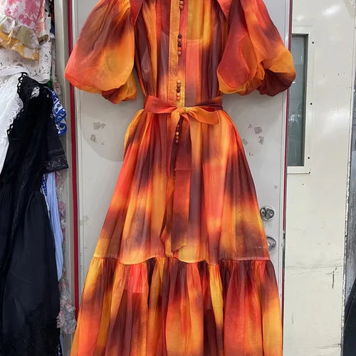 Load image into Gallery viewer, Hit Color Spliced Lace Up Loose Dresses For Womne O Neck Half Sleeve High Waist Long Dress Female Fashion Style New
