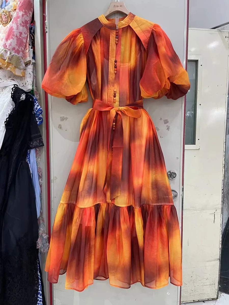 Hit Color Spliced Lace Up Loose Dresses For Womne O Neck Half Sleeve High Waist Long Dress Female Fashion Style New