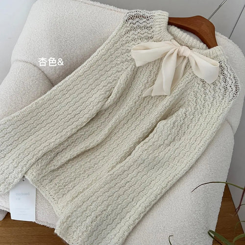 Load image into Gallery viewer, Korean Fashion Beige Elegant Long Sleeve Sweater Women Autumn Winter Grey Elegant Round Neck Bow Bandage Knitted Tops Popular
