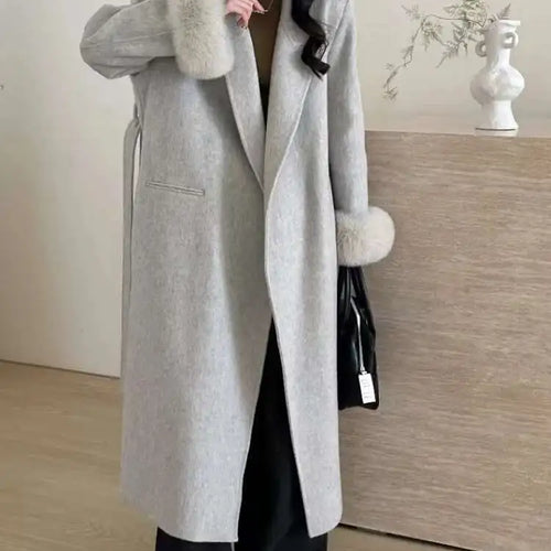 Load image into Gallery viewer, Dark Gray Cuff Fur Big Size Long Woolen Coat New Lapel Long Sleeve Women Jacket Fashion Tide Autumn Winter 2025 CPG2464
