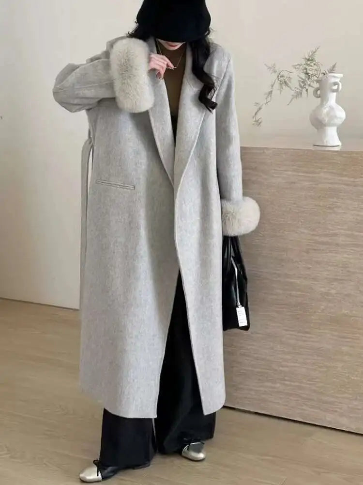 Dark Gray Cuff Fur Big Size Long Woolen Coat New Lapel Long Sleeve Women Jacket Fashion Tide Autumn Winter 2025 CPG2464