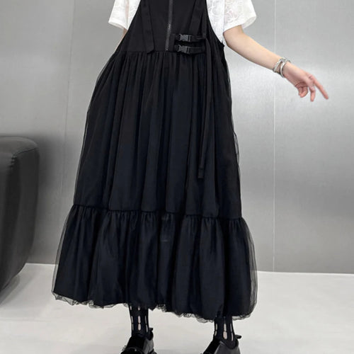 Load image into Gallery viewer, Women Black Buckle Mesh Big Size Midi Strap Dress New Square Collar Sleeveless Fashion Tide Spring Autumn 2025 1DJ1426
